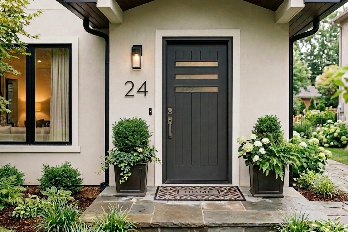 Deep charcoal gray front door with modern hardware and a welcoming doormat, enhancing the home's facade.