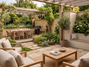 Patio with intentional layout, showing defined zones for dining and lounging, enhancing intimacy.