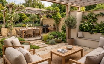 Patio with intentional layout, showing defined zones for dining and lounging, enhancing intimacy.
