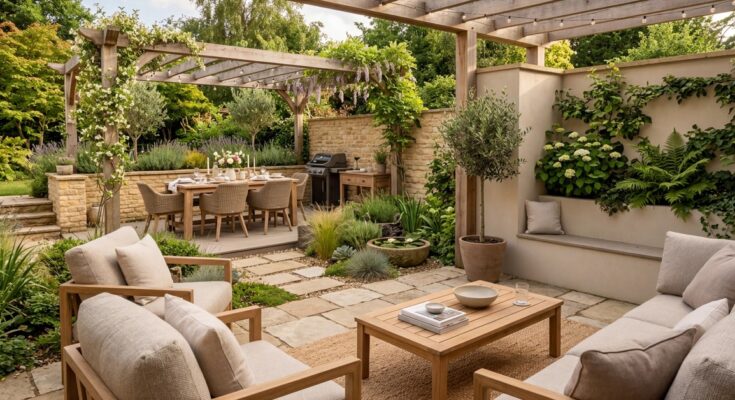 Patio with intentional layout, showing defined zones for dining and lounging, enhancing intimacy.