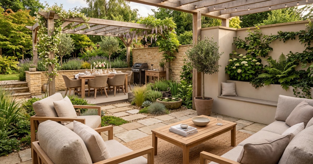 Patio with intentional layout, showing defined zones for dining and lounging, enhancing intimacy.