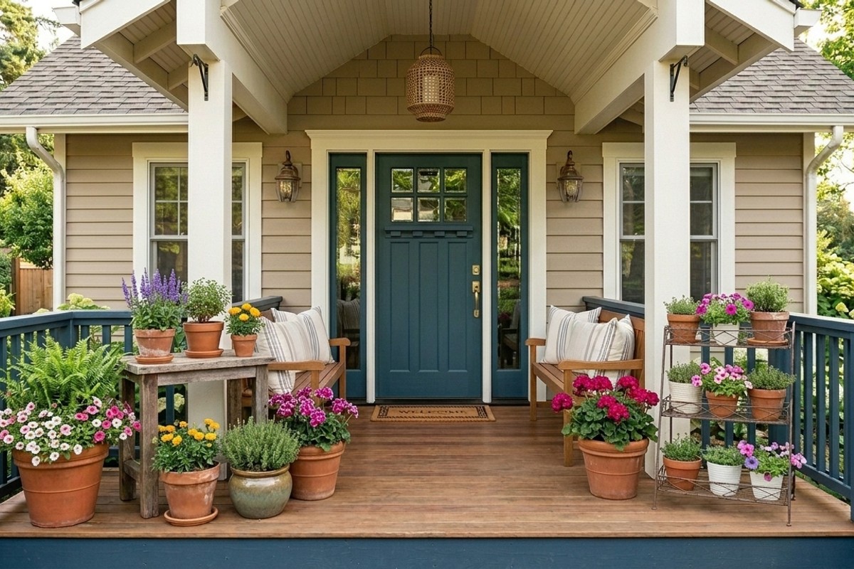Lush front porch with vibrant potted ferns, petunias, and herbs near the entrance.