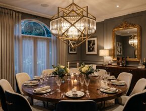 A stunning, large geometric or crystal chandelier as the focal point in a sophisticated dining room