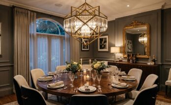 A stunning, large geometric or crystal chandelier as the focal point in a sophisticated dining room