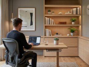 Minimalist home office with built-in light oak shelving and a clear desk, demonstrating smart storage solutions for a serene workspace.