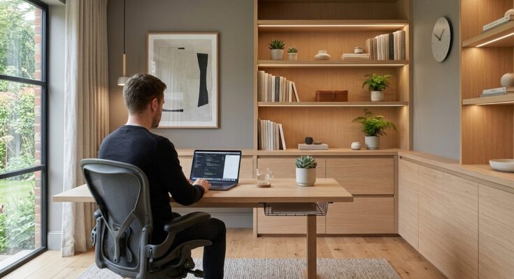 Minimalist home office with built-in light oak shelving and a clear desk, demonstrating smart storage solutions for a serene workspace.
