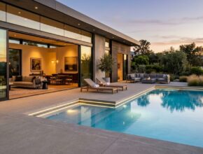 Modern backyard pool with seamless indoor-outdoor flow to a contemporary home.
