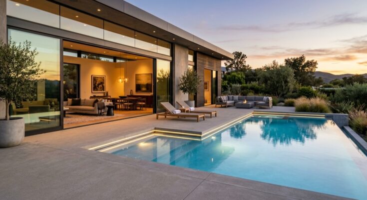 Modern backyard pool with seamless indoor-outdoor flow to a contemporary home.