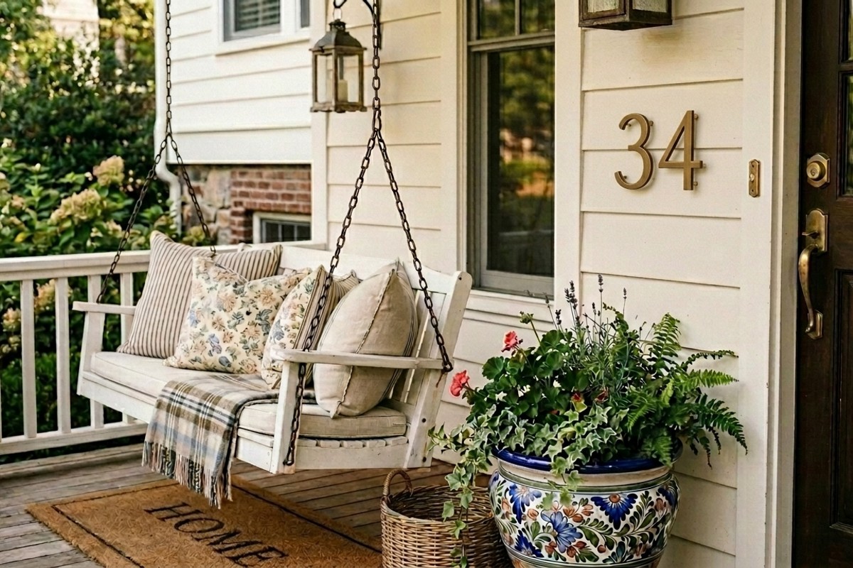 Curated porch accessories: an artistic planter, a decorative house number plaque, and a comfortable porch swing.