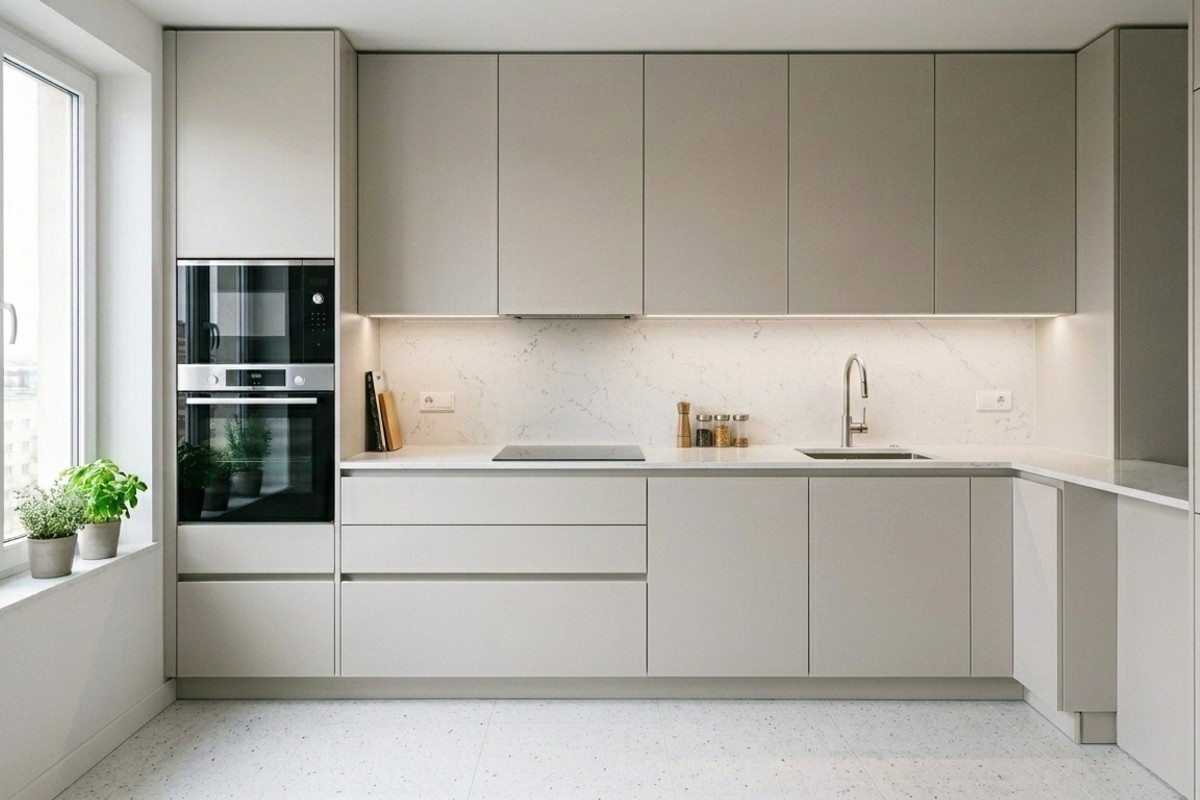 Sleek, handle-free cabinetry with push-to-open mechanisms in a modern small kitchen, creating an uninterrupted visual line