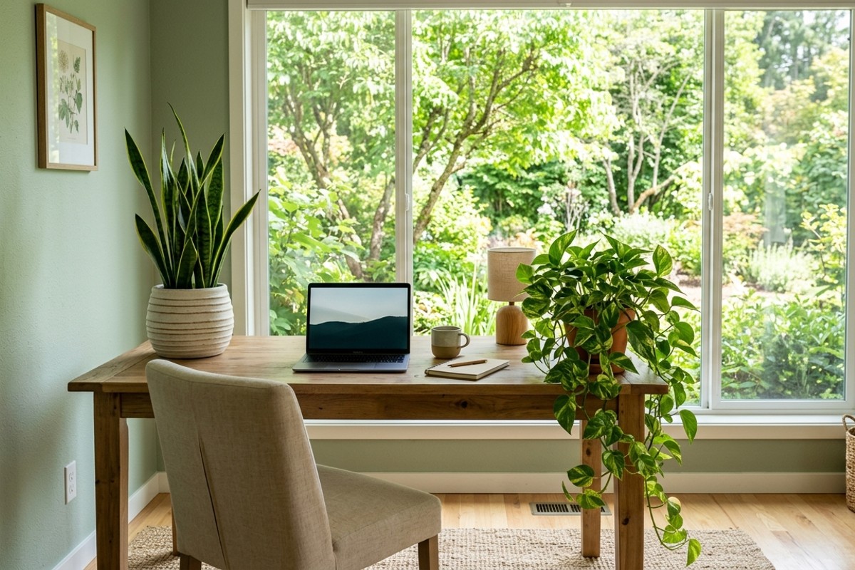 Home office desk by a large window with natural light, adorned with snake plants and pothos, enhancing a biophilic design.
