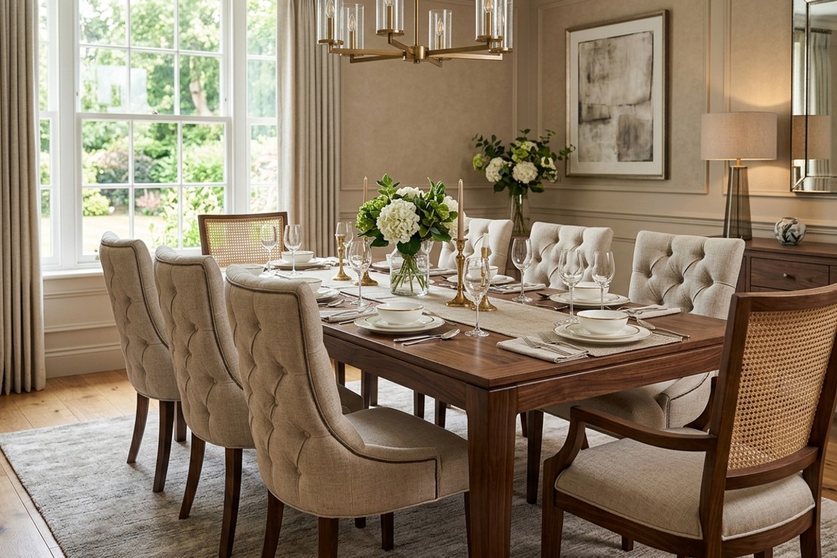 High-quality rich walnut dining table with comfortable upholstered chairs featuring button tufting