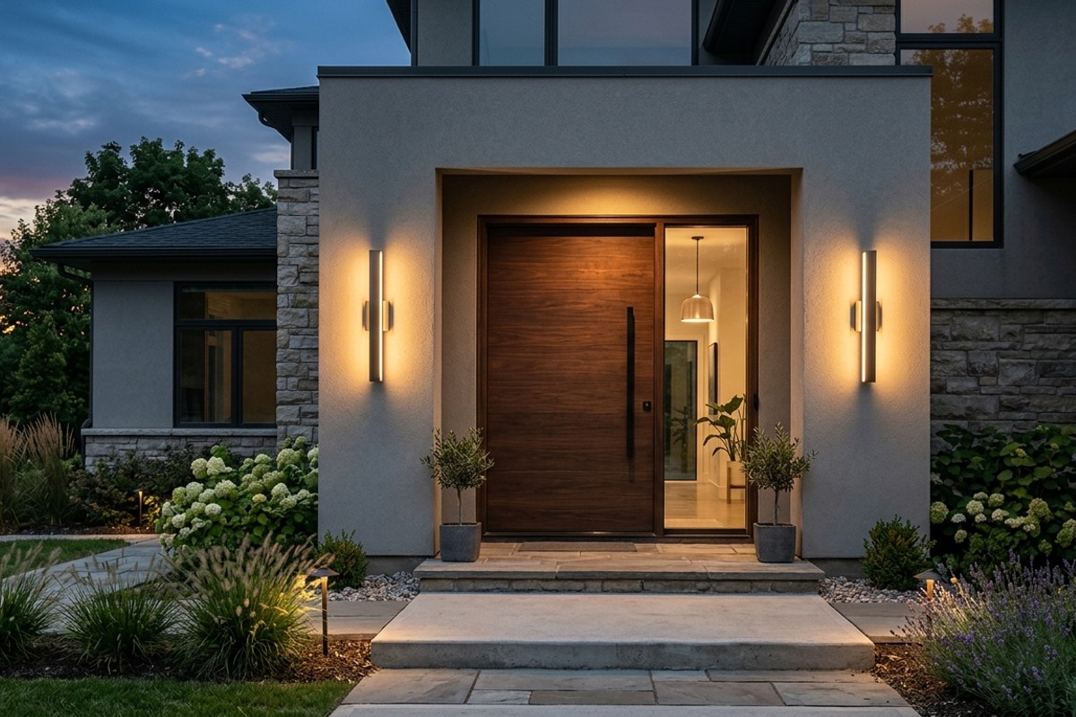 Stylish new exterior sconces flanking a modern front door, casting a warm glow.