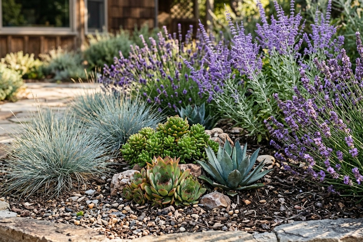 Drought-tolerant plants for a low-maintenance front yard, including succulents, Blue Fescue, lavender, and Russian sage.