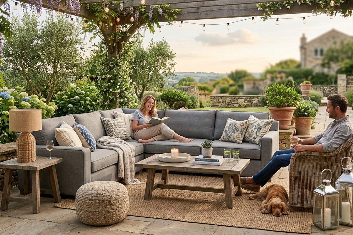 Stylish outdoor living room on a patio with a grey sectional sofa, mirroring indoor comfort