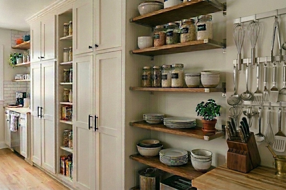 Small kitchen featuring tall pantry cabinets, floor-to-ceiling shelving, and a pegboard for vertical storage