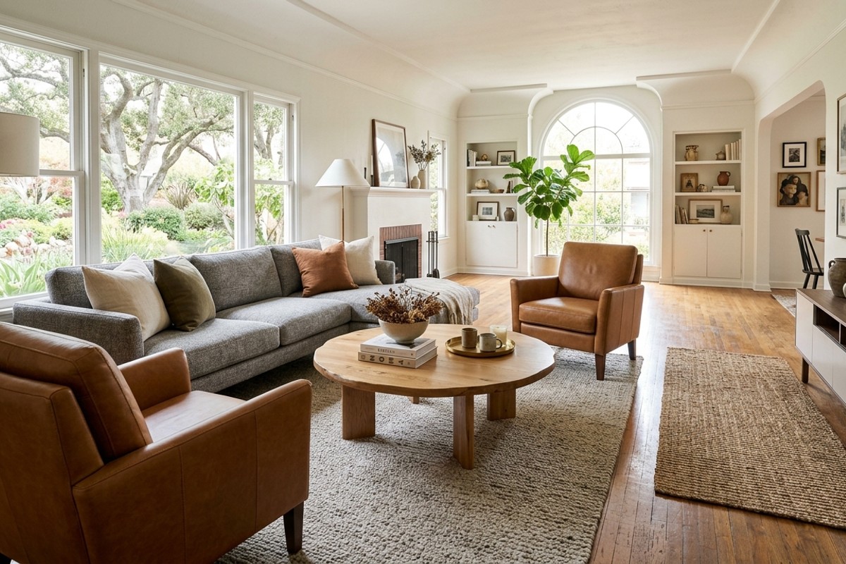 Rearranged living room layout with sofa, armchairs, and coffee table creating a new conversation zone