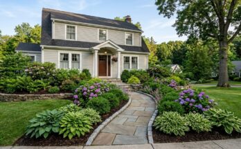 Tiered landscaping with hydrangeas and hostas, framing a home's facade and a clear pathway.