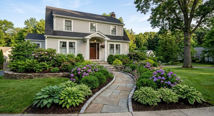 Tiered landscaping with hydrangeas and hostas, framing a home's facade and a clear pathway.