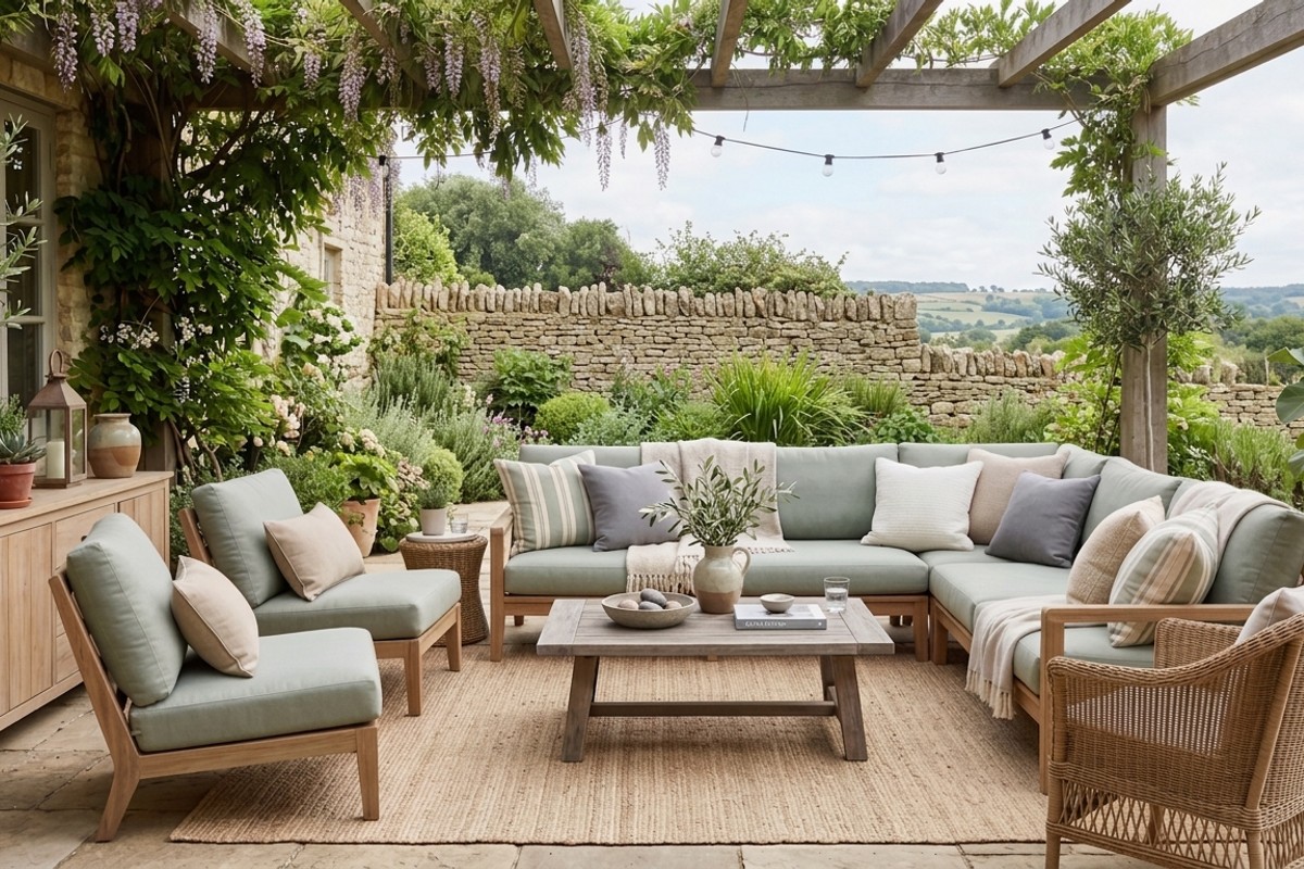 Outdoor patio featuring a soothing color palette with soft green, sandy beige, cool gray, and warm white furniture.