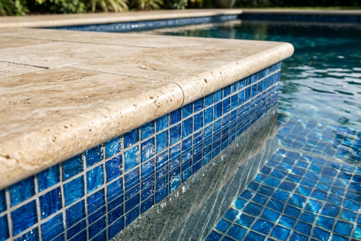 Luxurious pool coping made of honed travertine with deep azure glass mosaic interior tiles.