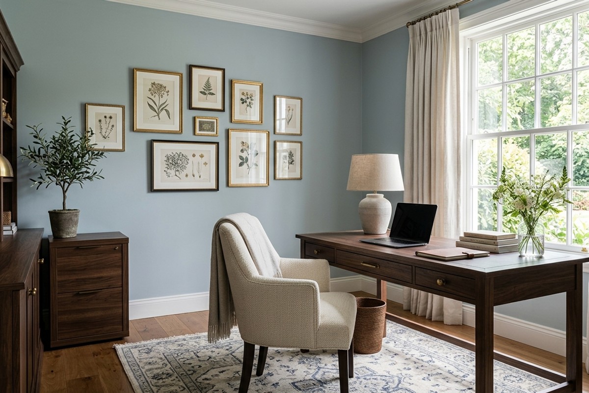 Elegant home office with soft blue-grey walls, dark wood desk, and cream chair, showcasing a calming color scheme for tranquility.