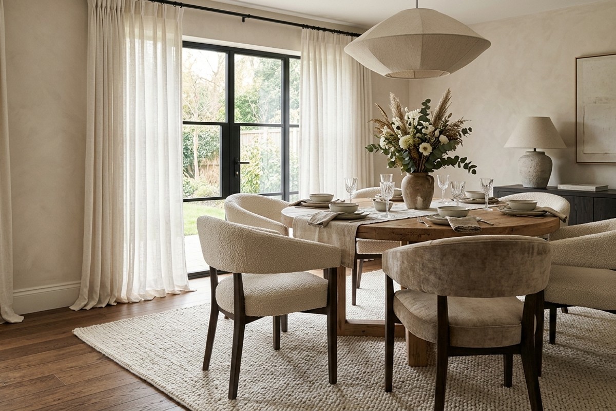 Luxurious dining room with layered textures: soft woven rug, linen drapery, and plush velvet chairs