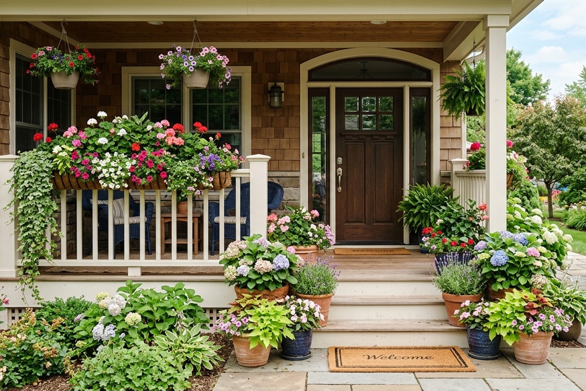 Lush planters and window boxes filled with colorful flowers and greenery on a welcoming porch.