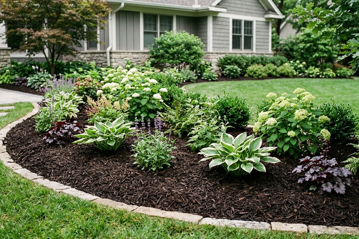 A garden bed covered with thick organic mulch like shredded bark for weed control and moisture retention.