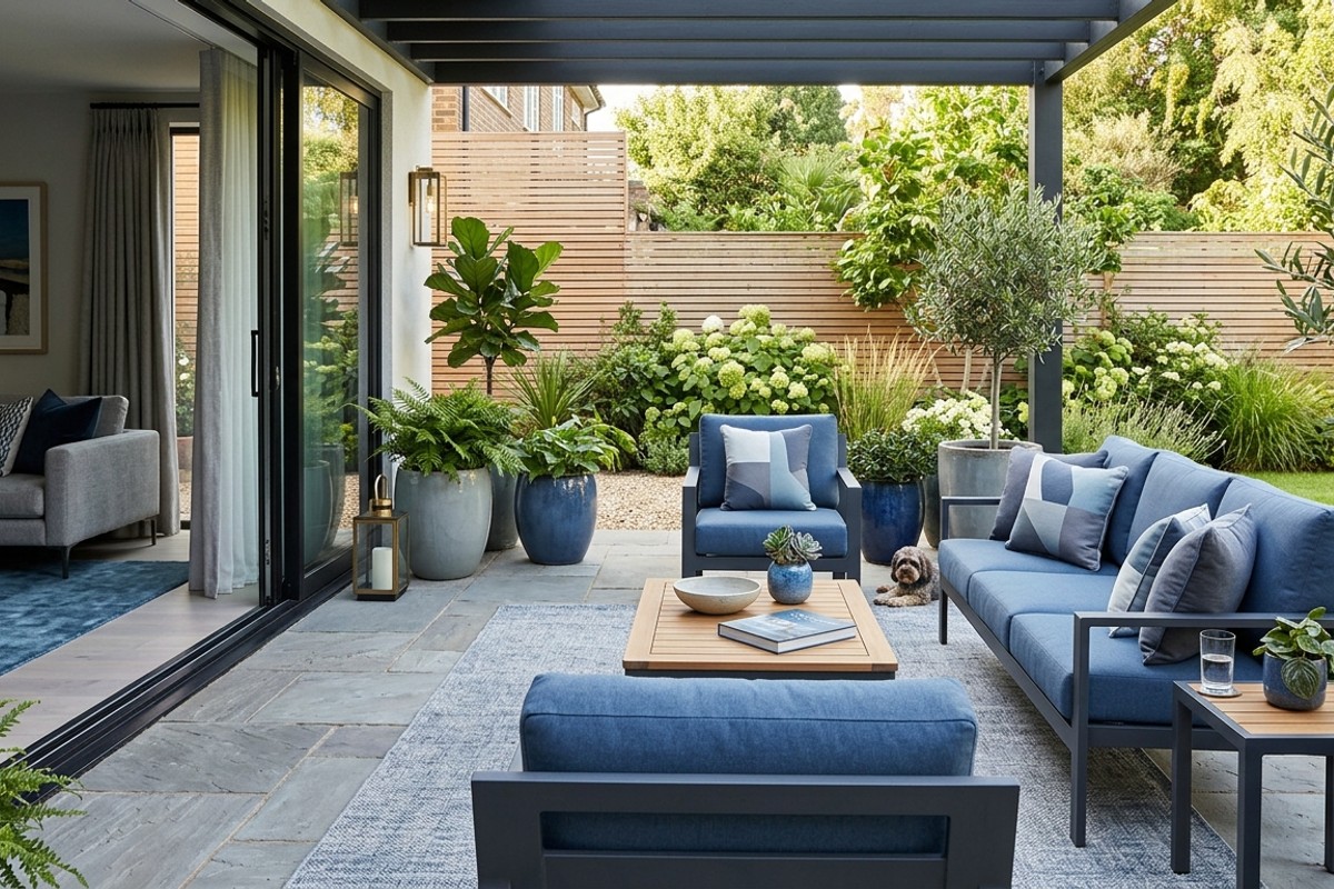 Outdoor patio with cool blue and muted grey cushions and planters, matching an interior color palette