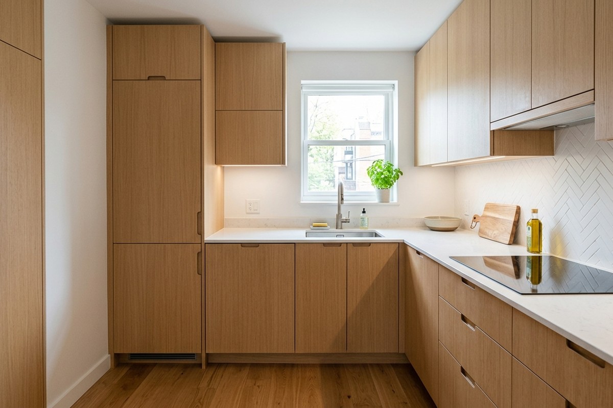 Modern small kitchen with integrated refrigerator and dishwasher hidden behind custom cabinetry for a streamlined look