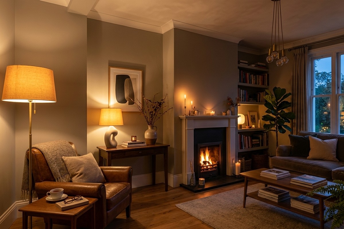 Living room with layered lighting, featuring a stylish new floor lamp and sculptural table lamps casting warm glow