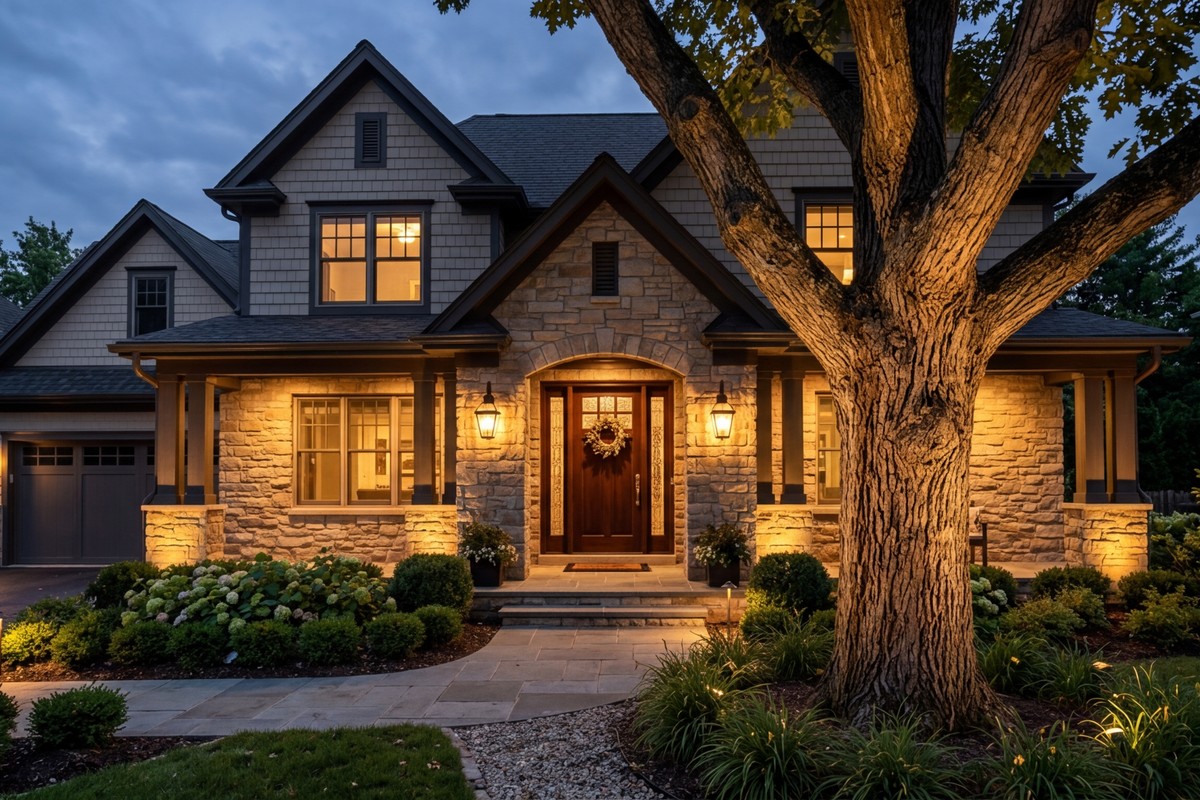 Elegant sconces and uplighting illuminating a home's facade after dusk, enhancing its presence.