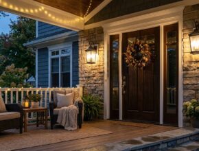 Front porch at dusk with sconces and warm fairy lights enhancing the ambiance.