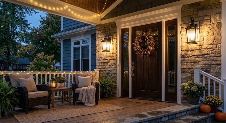 Front porch at dusk with sconces and warm fairy lights enhancing the ambiance.