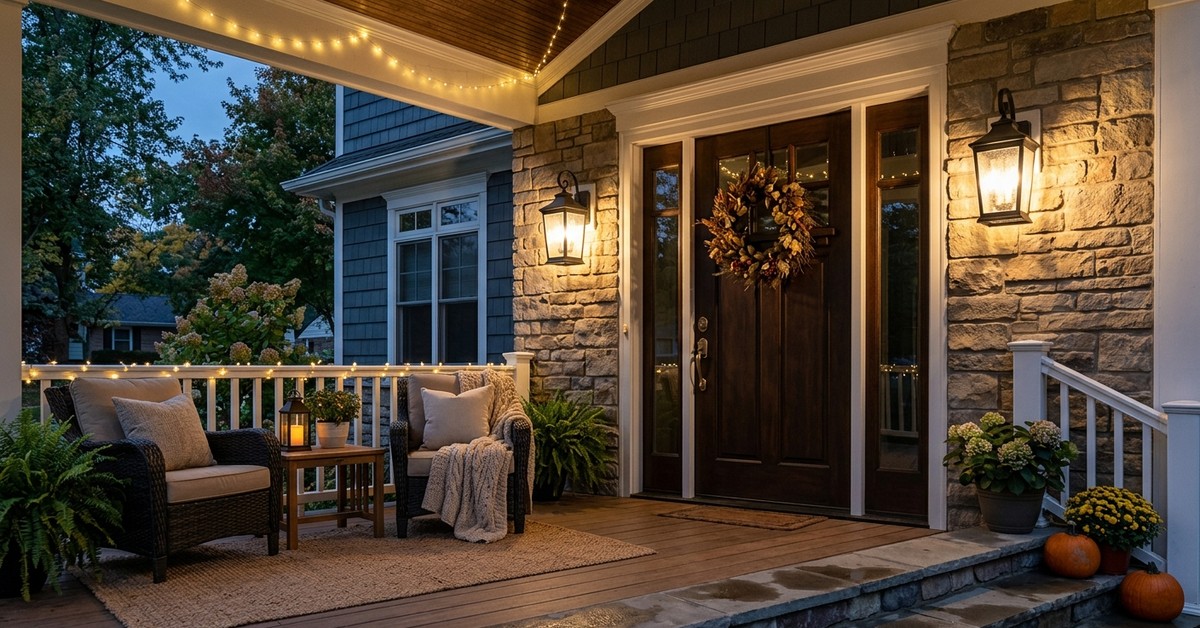 Front porch at dusk with sconces and warm fairy lights enhancing the ambiance.