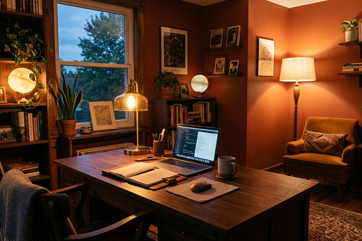 Cozy home office at dusk with layered lighting, featuring a warm desk lamp and a soft glow from an indirect floor lamp.