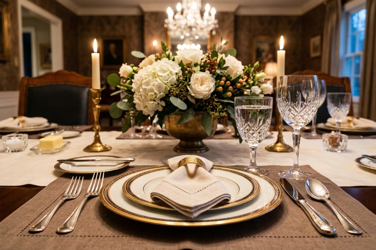 Elegantly set dining table with fine china, polished silverware, crystal glasses, and a seasonal centerpiece
