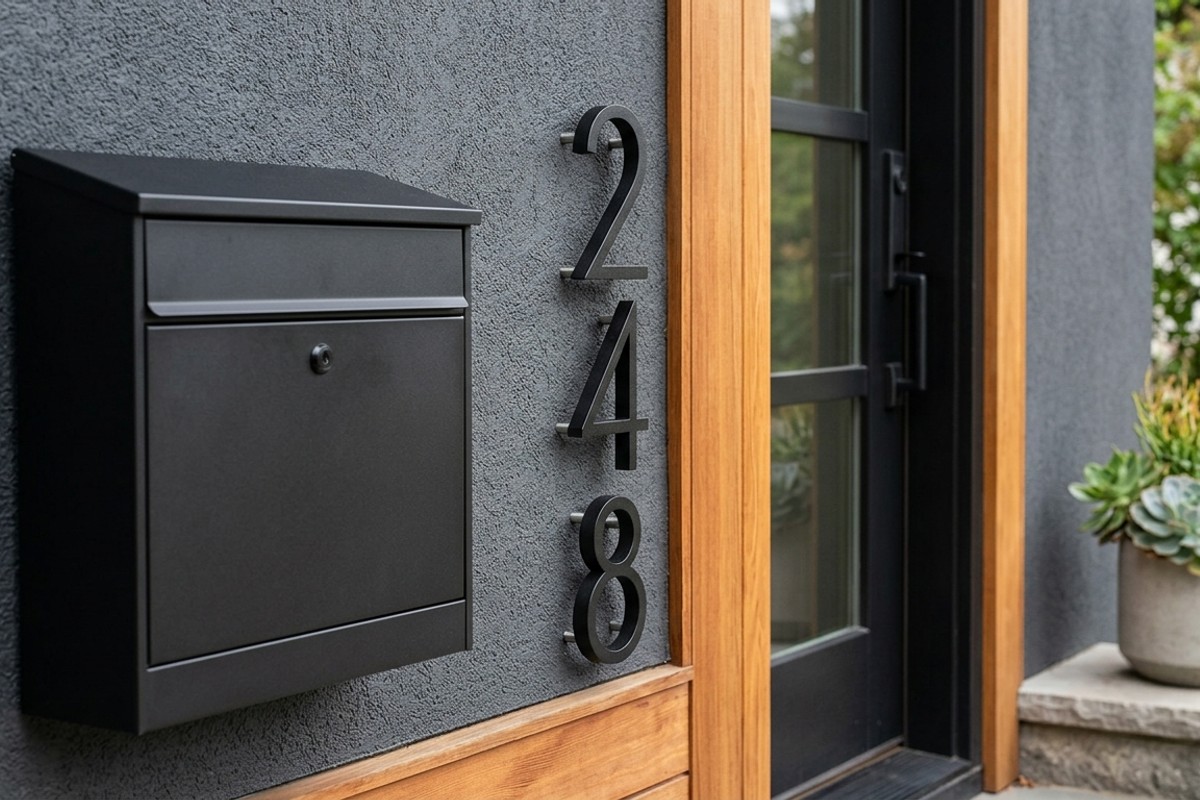 Modern, visible house numbers in matte black with a coordinating new mailbox on a home's exterior.