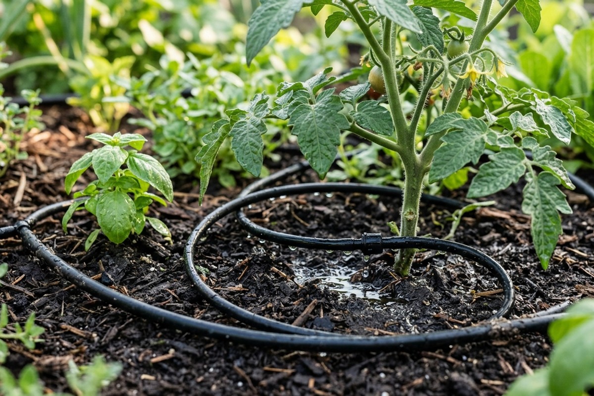A drip irrigation system watering plants in a garden bed, showing efficient water delivery.