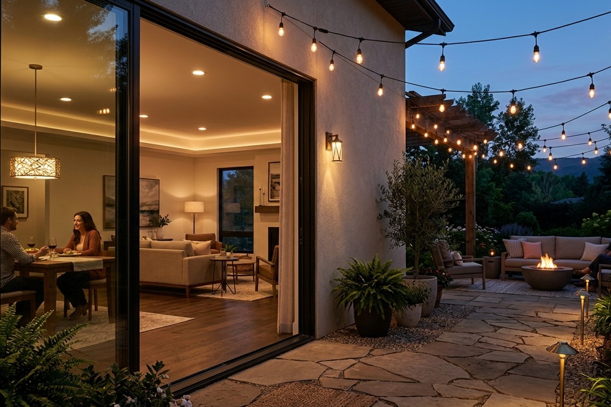 Evening patio with layered lighting: ambient string lights, path lights, and decorative sconces creating a unified mood