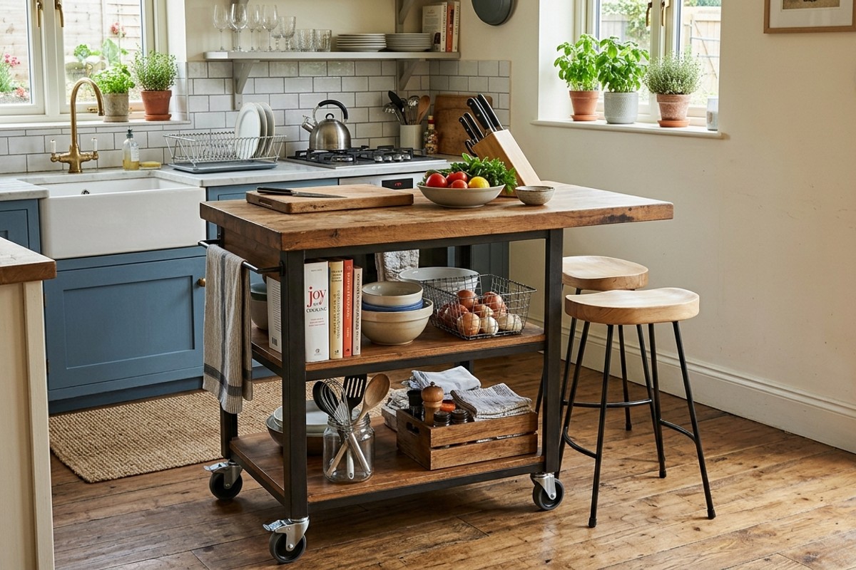 Small kitchen with a multi-functional kitchen island on wheels, used for prep, storage, and a breakfast bar