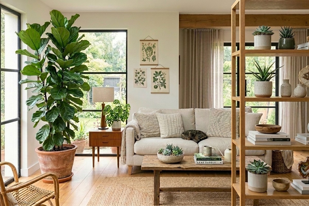 Living room decorated with a tall fiddle-leaf fig plant and smaller potted succulents