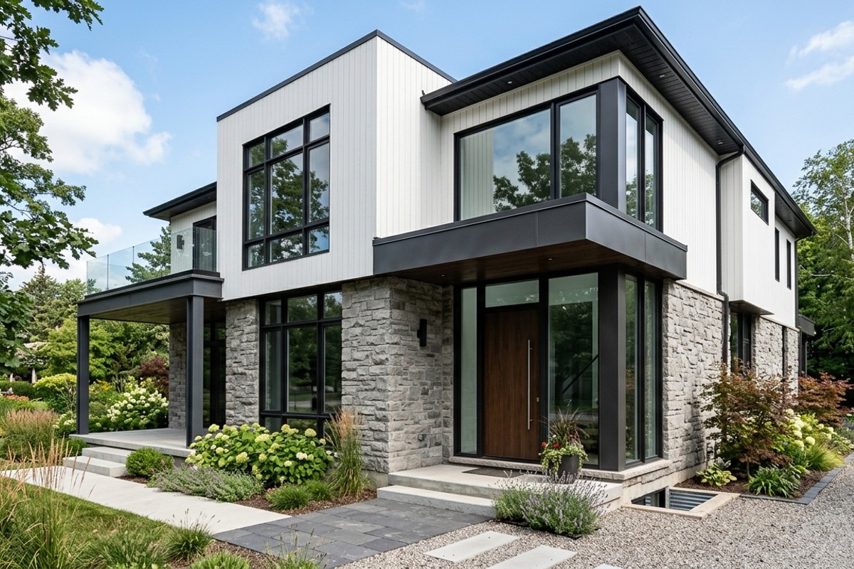 Modern house facade combining natural stone veneer, vertical siding, and metal accents for dynamic texture.