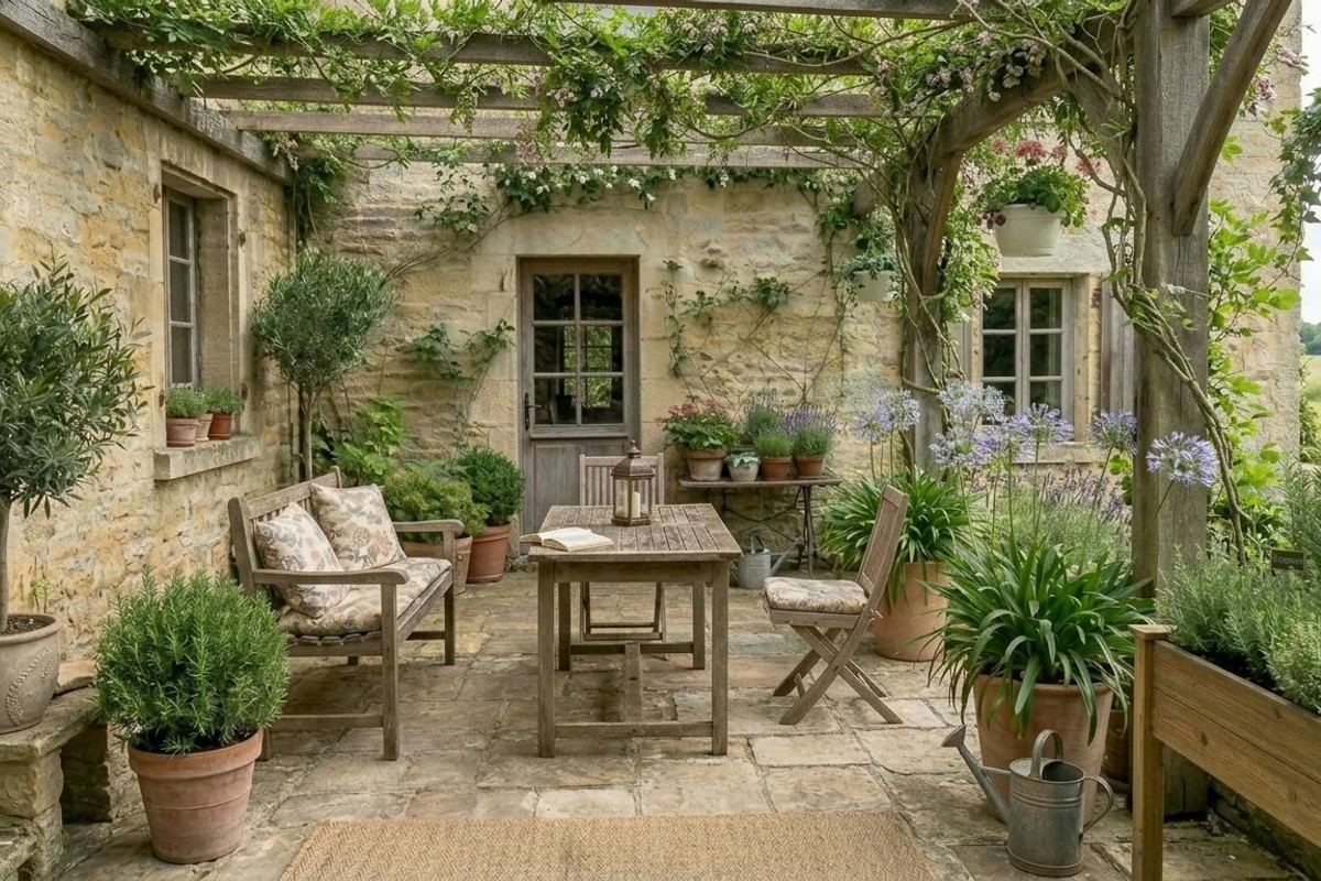 Patio with lush greenery, including potted plants, hanging baskets, and a small herb garden for a calm outdoor space.