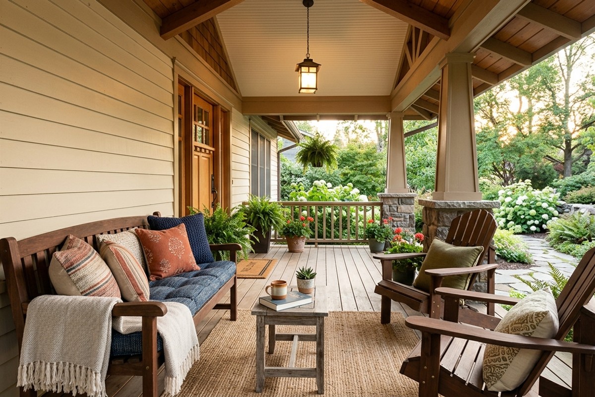 Comfortable front porch seating with a bench, outdoor cushions, and throw pillows.