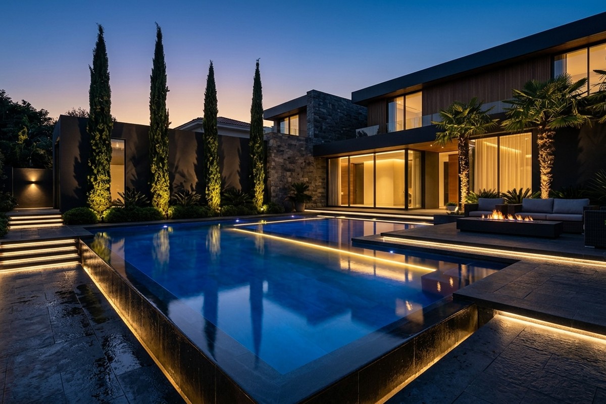 Evening pool oasis with layered LED lighting illuminating the water and surrounding landscape.