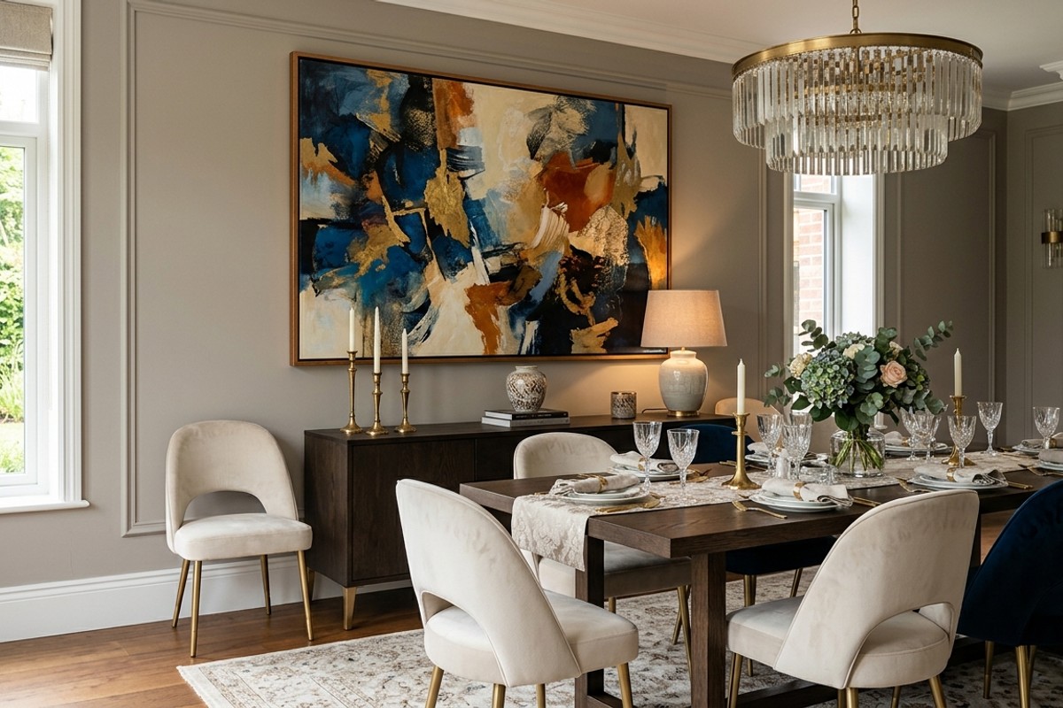 Sophisticated dining room wall with a large abstract art piece or grand reflective mirror