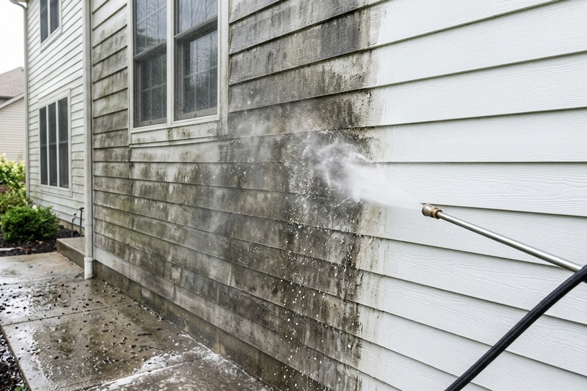 Power washing a dirty home siding and driveway, showing the dramatic clean results.