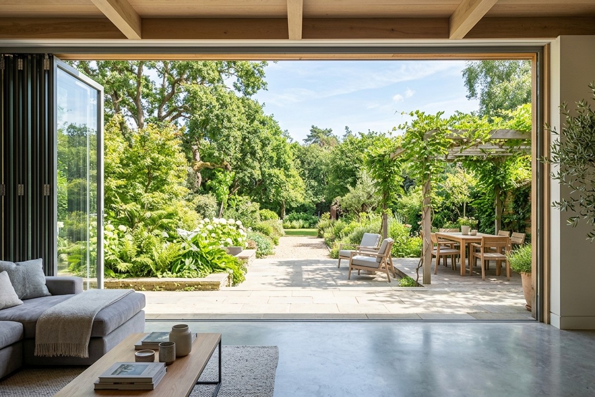 Expansive bifold doors fully open, connecting an indoor living space to an outdoor patio seamlessly